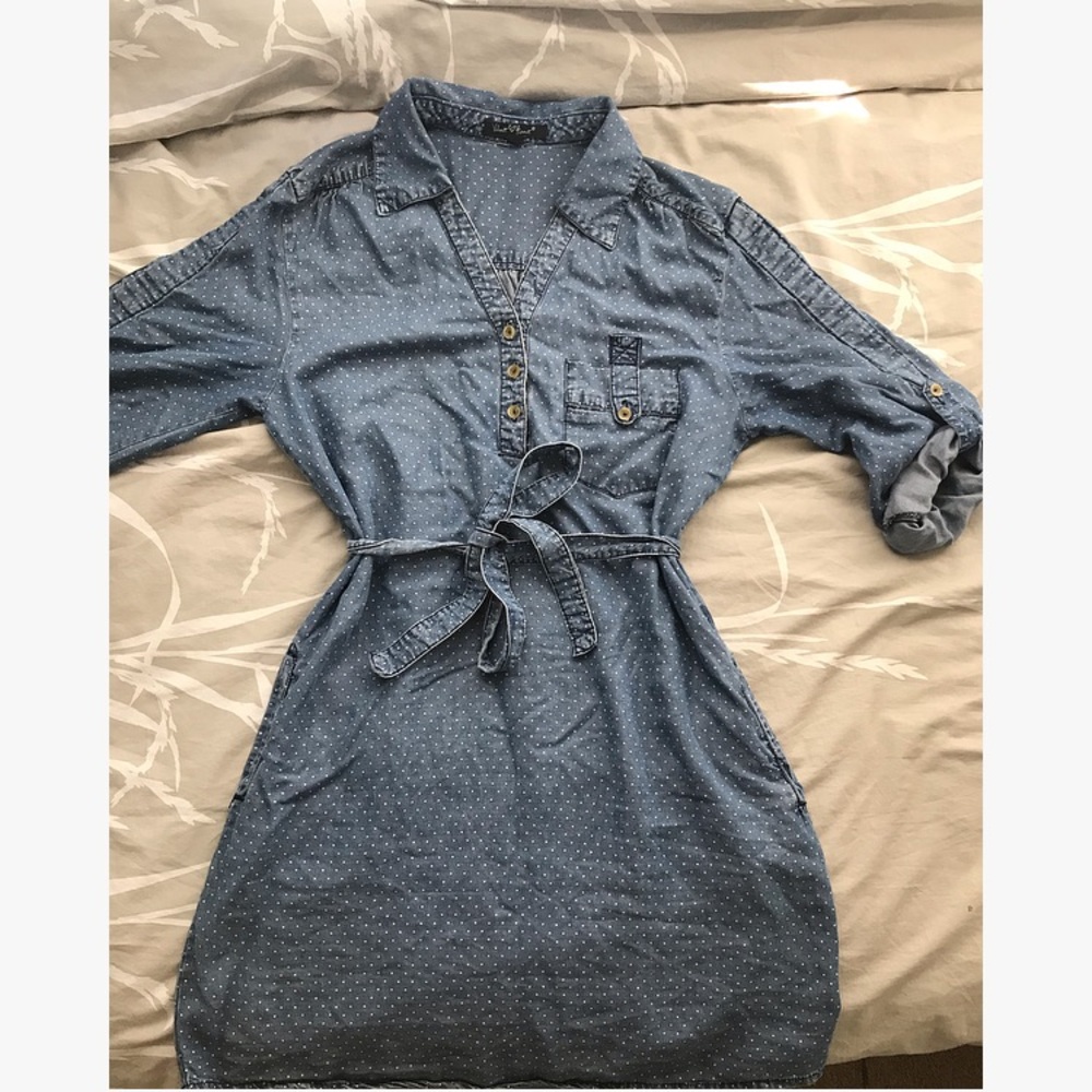 Chambray Polka Dot Tie Waist Dress Size M